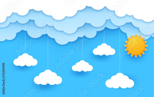 Sky clouds and sun on paper cut landscape background, cartoon vector. Morning or sunny day sky with paper cut clouds hanging on threads and sun for kids or nursery landscape design