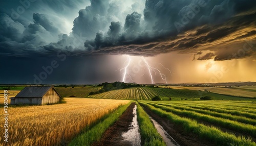 Storm and lightning over the field