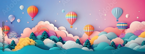 paper craft style illustration  hot air balloons flight floating over mountain ridge  Generative Ai 