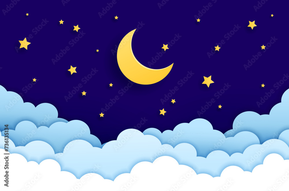Naklejka premium Paper cut crescent moon night sky, stars and clouds 3d vector background casting a celestial charm. Midnight serene cosmic scene with gentle glow twinkles upon a canvas of twinkles, wisps of cumulus