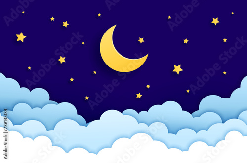 Paper cut crescent moon night sky  stars and clouds 3d vector background casting a celestial charm. Midnight serene cosmic scene with gentle glow twinkles upon a canvas of twinkles  wisps of cumulus