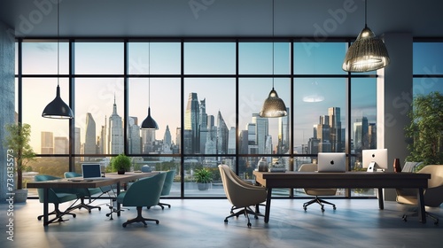 Modern coworking office interior with clean mock up place on wall, large panoramic windows with city view, lamps, concrete flooring and other objects.
