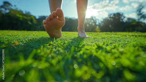 Feet walking on grass, nature, people and healthy lifestyle theme
