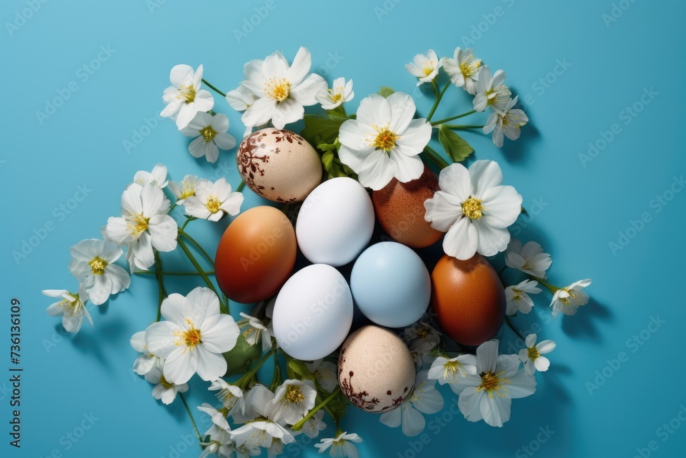 A group of eggs and flowers on blue background