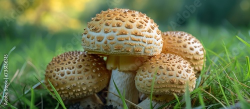 Enchanting group of mushrooms beautifully placed on top of a luscious green field