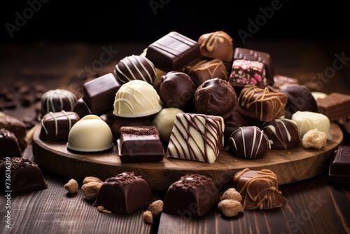Dark, milk and white chocolate candies, pralines and assorted on wooden table.