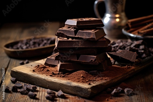 Dark chocolate bars and cocoa powder on rustic wooden table.