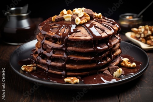 Delicious chocolate pancakes decorated with nuts