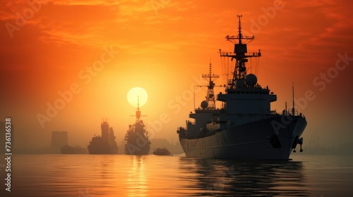 Naval Warship during Sunset in the Base. Vintage Ship on the Sea with Orange Sky Light