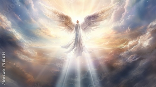Guardian angel in heaven clouds. Archangel. Illustration heavenly angelic spirit with wings. Belief and afterlife. © Lubos Chlubny