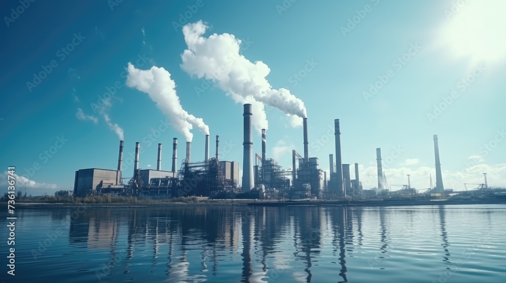 Power plant and industrial chimneys from factories. Air pollution and the cause of global warming.