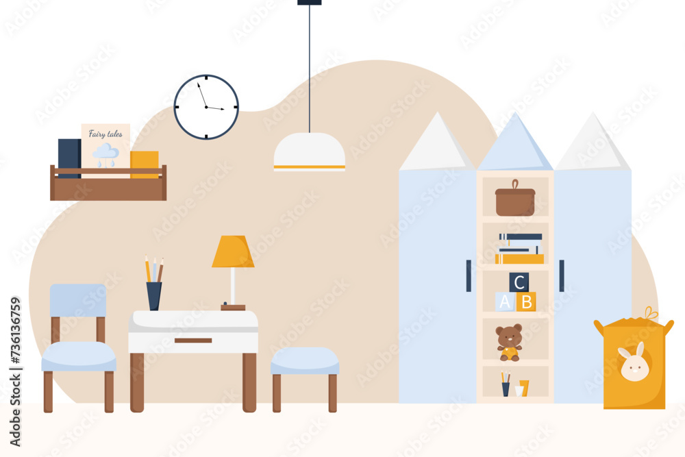 Fototapeta premium Cute modern style nursery room in light blue, beige, orange and white tones. Interior and furniture concept. Scandinavian or cottage design. Vector cartoon flat illustration