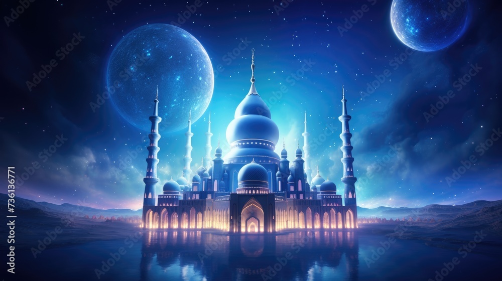 Ramadan kareem eid al fitr with holy gate of mosque with beautiful light on its minaret. Animated background of a magnificent Mosque at midnight full moon