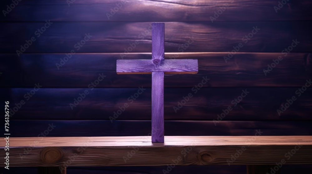 Purple wooden cross on an empty pew in the church