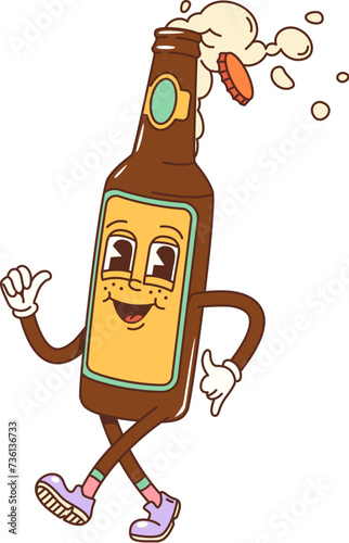 Cartoon groovy beer bottle character. Isolated vector lively glass flask with foamy drink and contagious grin, exuding a funky vibe. Funny animated personage radiates joy and a playful carefree spirit