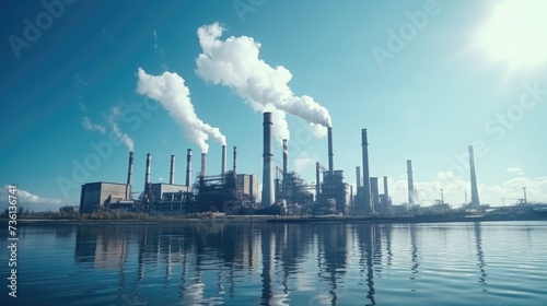 Power plant and industrial chimneys from factories. Air pollution and the cause of global warming.