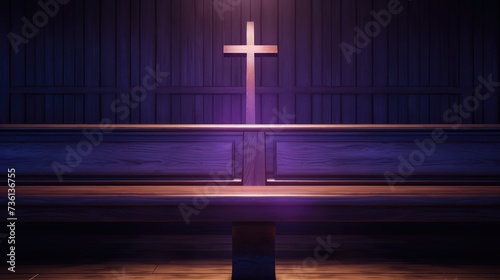 Foto Purple wooden cross on an empty pew in the church