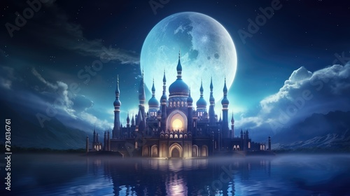 Ramadan kareem eid al fitr with holy gate of mosque with beautiful light on its minaret. Animated background of a magnificent Mosque at midnight full moon photo