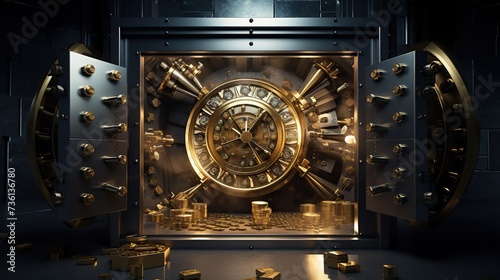 Open bank safe vault door with golden ingots peeking from inside. copy space for text.