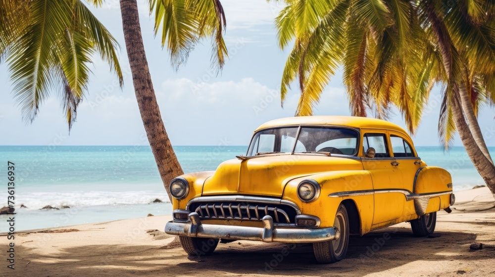 Yellow old car parked on a tropical beach