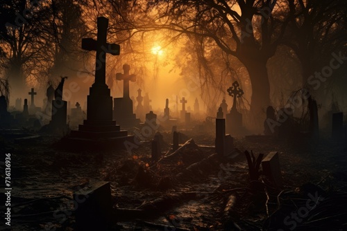Misty Overgrown Cemetery: An Eerie and Enigmatic View of Death, Gravestones, and Fog During