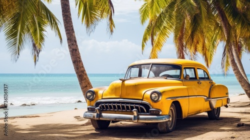 Yellow old car parked on a tropical beach © Lubos Chlubny