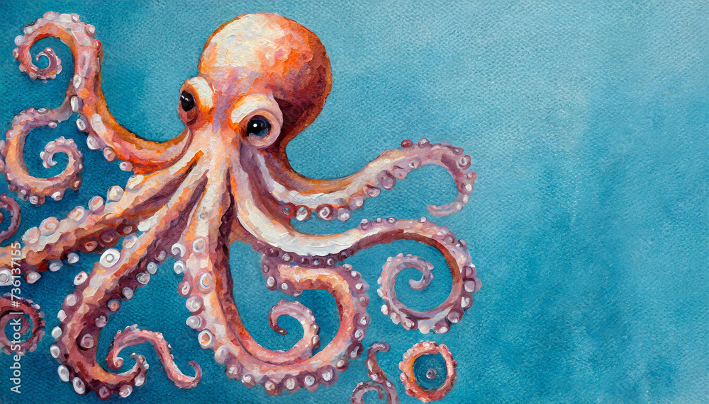 Obraz premium Oil painting of a Octopuses on pure blue background canvas, copyspace on a side