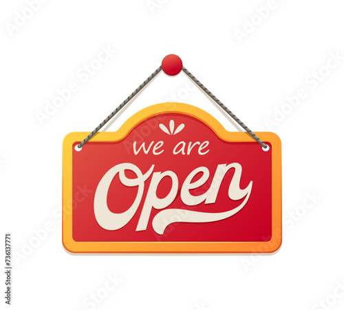 Open board sign, shop notice signboard. Isolated vector red hanging banner or display with unobstructed information, it communicates messages, or advertisements in a visible and accessible manner