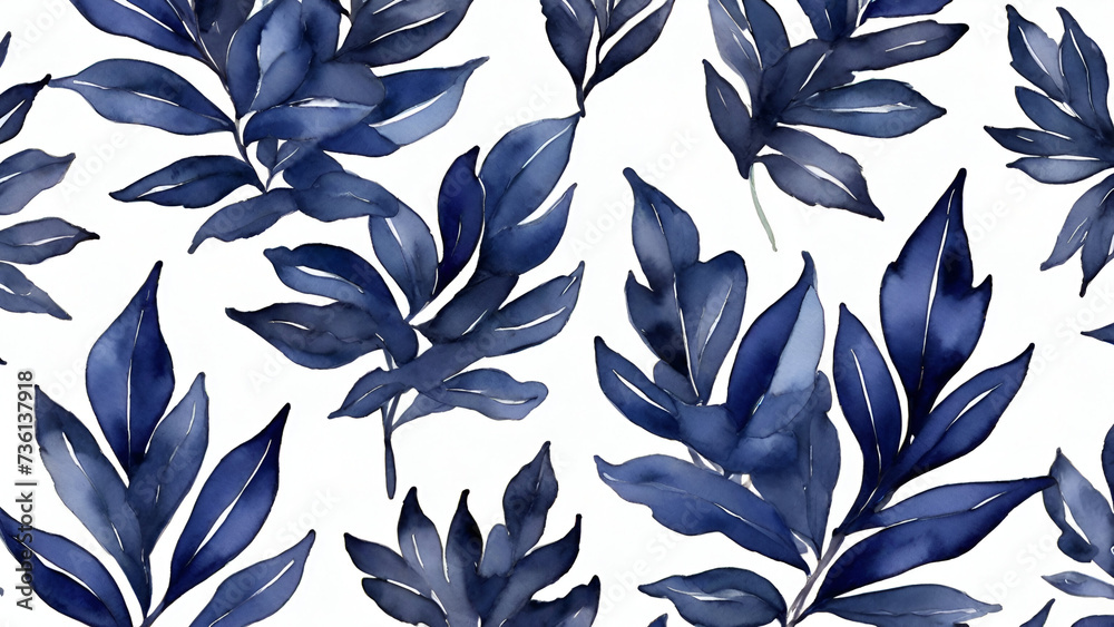 Fototapeta premium Watercolor dark blue leaves on white background, seamless pattern. generated by Ai
