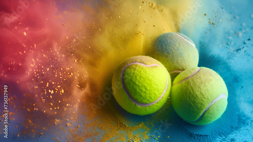 3 tennis balls with heart on one of it on abstract colorful dust Background, sport, love to tournaments and competitions, activity, Wimbledon, sport