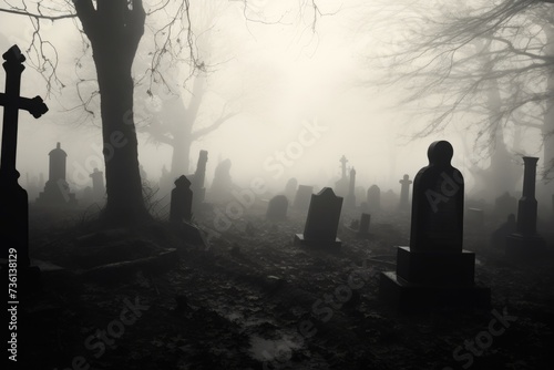 Old Graveyard in the Mist: Black and White Photo of Eerie Cemetery with Graves, Tombs © Serhii