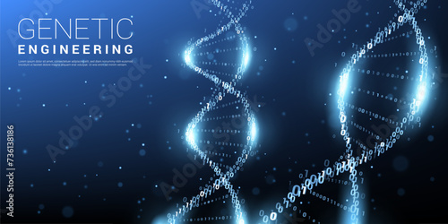 Digital dna, binary molecular genome code. Vector scientific banner with futuristic neon glowing helix structure. Genetic engineering molecular coding, template for medicine or biochemistry technology