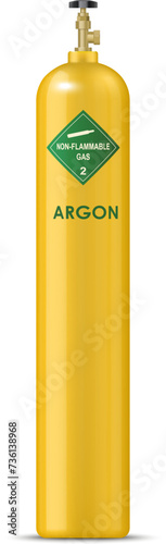 Realistic argon gas cylinder, compressed gas metal balloon. Isolated vector yellow, robust, pressurized container housing inert non-flammable content, vital for welding and industrial applications