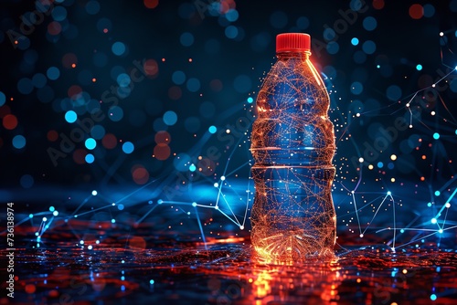 A bottle of water in a dark backdrop with technological connections with it in a digital backdrop, Generative AI.