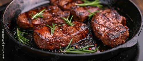 Steak steak in sauce on a black skillet, premium food photography, dark crimson, shaped canvas.