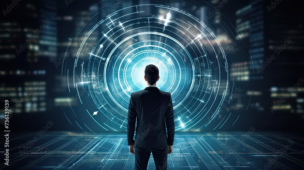 Businessman aims arrow at a virtual target dartboard, precision in setting objectives for business investments visualizes strategic approach to achieving goals and hitting targets in business Businessman aims arrow at a virtual target dartboard, precision in setting objectives for business investments visualizes strategic approach to achieving goals and hitting targets in business