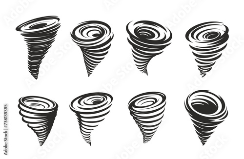 Tornado whirlwind or cyclone vortex and hurricane twirl twister with air funnel, vector icon. Tornado storm or hurricane wind swirl and typhoon whirl, cartoon spiral cyclone of smoke dust whirlpool