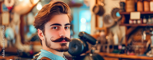 Attractive young man with moustache  in a barbershop