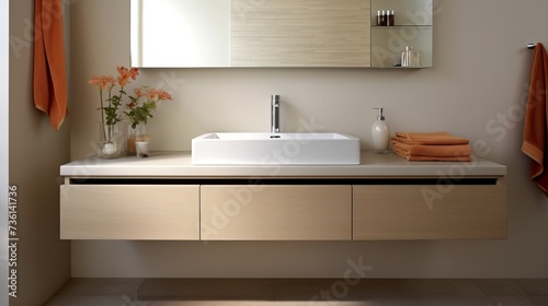 Floating vanity with a light-toned countertop and AI generated illustration