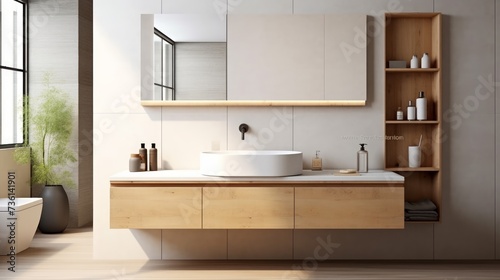 Floating vanity with a light-toned countertop and AI generated illustration