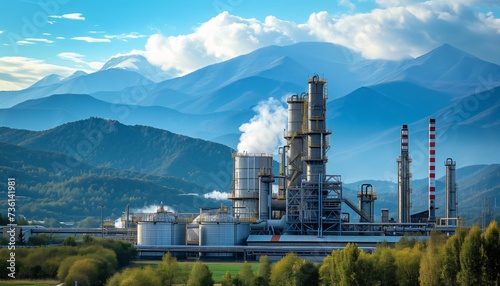 Carbon capture and storage facilities against mountain backdrop