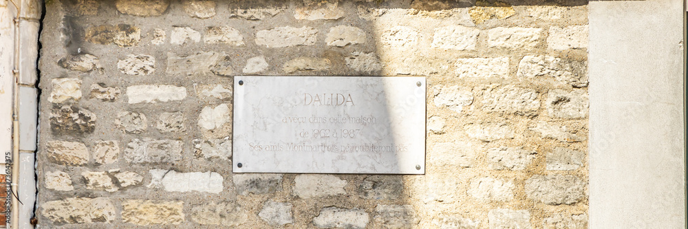 Memorial plate on the wall of the house of singer Dalida in the Montmartre district in Paris, France