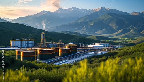 Carbon capture and storage facilities with mountain background photo
