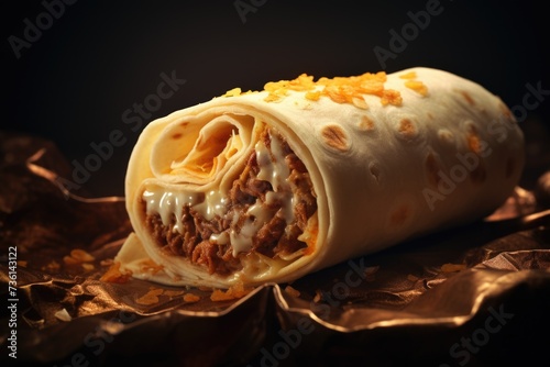 A delicious burrito sitting on top of a piece of foil. Perfect for food and restaurant-related projects