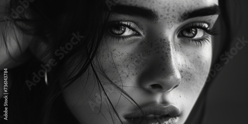 A close up view of a woman's face with freckles. This image can be used to showcase natural beauty or for skincare and beauty-related content