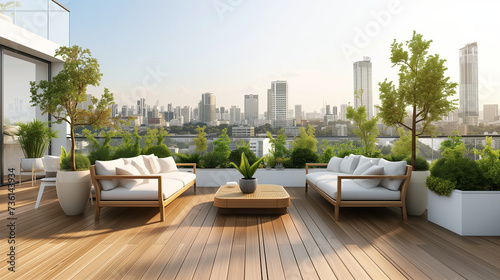 Modern Design Outdoor Wooden Patio Setting, Urban Cityscape Background, Comfortable Seating with White Cushions, Wood Deck Flooring, Green Plants and Trees, Clear Sky - Haven High Above an Urban Jungl