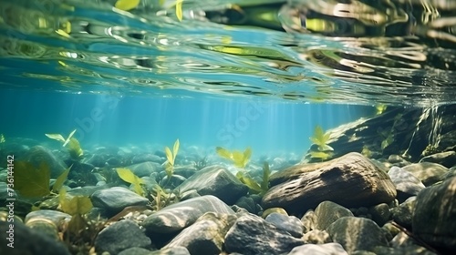 underwater of river natural landscape with stone pebble and water tree leaf flow in water beautiful nature background  © Ziyan