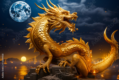 Golden dragon statue, starry night sky with full moon and setting sun in the background.