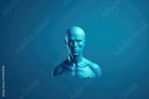 A man without a shirt striking a pose against a vibrant blue background. Ideal for fitness, fashion, or lifestyle concepts