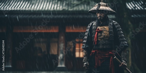 A man dressed in a samurai costume standing in the rain. Suitable for martial arts or historical themed projects